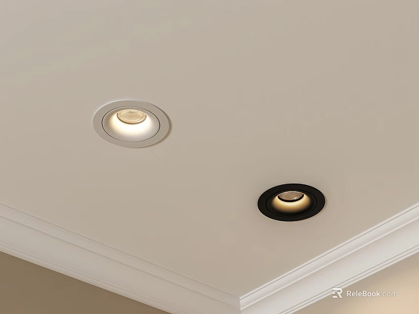 Ceiling Installed Downlights and Spotlights with White Black Frames Illuminated 3d model