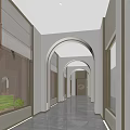 Elegant Elevator Hallway With Arched Design Windows Blinds Dark Floor And Green Plants 3d model