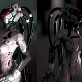 Women in Futuristic White Red Tech Suits Standing on Grid Floor with Starry Space Background