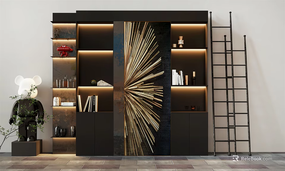 Modern Black Decorative Cabinet with Golden Starburst Art Lighted Shelves and Decor Items 3d model 