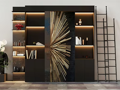Modern Black Decorative Cabinet with Golden Starburst Art Lighted Shelves and Decor Items 3d model
