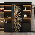 Modern Black Decorative Cabinet with Golden Starburst Art Lighted Shelves and Decor Items