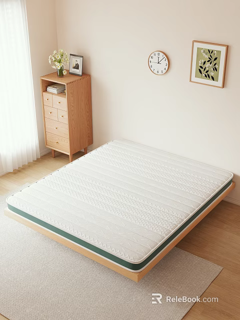 Cozy White Striped Mattress With Green Edge In Bedroom With Wooden Cabinet And Natural Light 3d model 