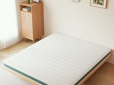Cozy White Striped Mattress With Green Edge In Bedroom With Wooden Cabinet And Natural Light 3d model