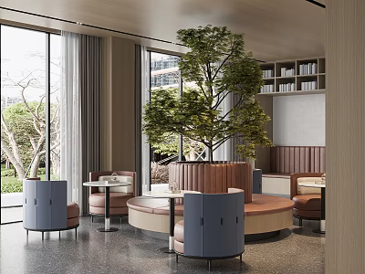 Modern Lounge Area Interior With Large Windows Green Tree Comfortable Sofas Round Tables And Bookshelves 3d model