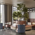 Modern Lounge Area Interior With Large Windows Green Tree Comfortable Sofas Round Tables And Bookshelves