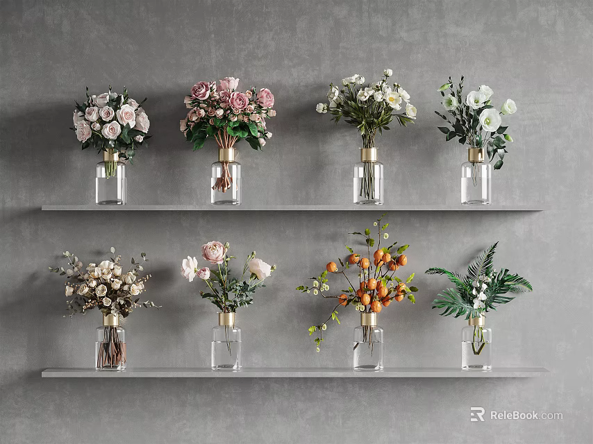 Stylish Gray Wall Shelves Displaying Multiple Glass Vases With Various Flowers And Green Plants 3d model 