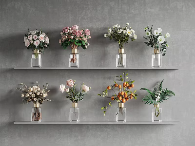 Stylish Gray Wall Shelves Displaying Multiple Glass Vases With Various Flowers And Green Plants 3d model