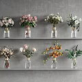 Stylish Gray Wall Shelves Displaying Multiple Glass Vases With Various Flowers And Green Plants