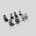 Multiple Office Chairs in Various Styles with Black and Gray Mesh Backrests and Wheels