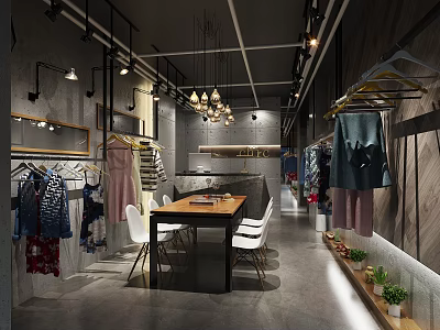 Modern Clothing Store Interior With Clothing Racks Various Clothes Wooden Table And Chairs 3d model