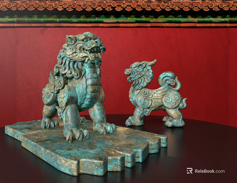 Ancient Bronze Lion Sculptures Against Red Wall With Green Tiled Roof 3d model 