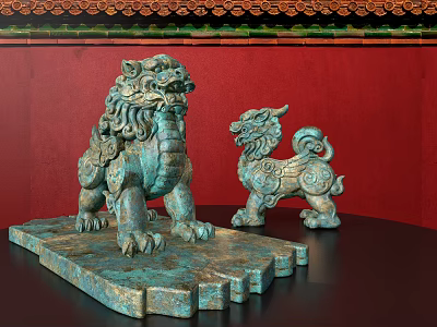 Ancient Bronze Lion Sculptures Against Red Wall With Green Tiled Roof 3d model