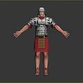 Man Dressed As Roman Soldier In Traditional Armor With Red Skirt And Helmet