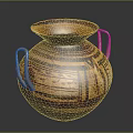 Handcrafted Ancient Pottery Vessel With Two Handles Geometric Patterns And Brown Yellow Tones