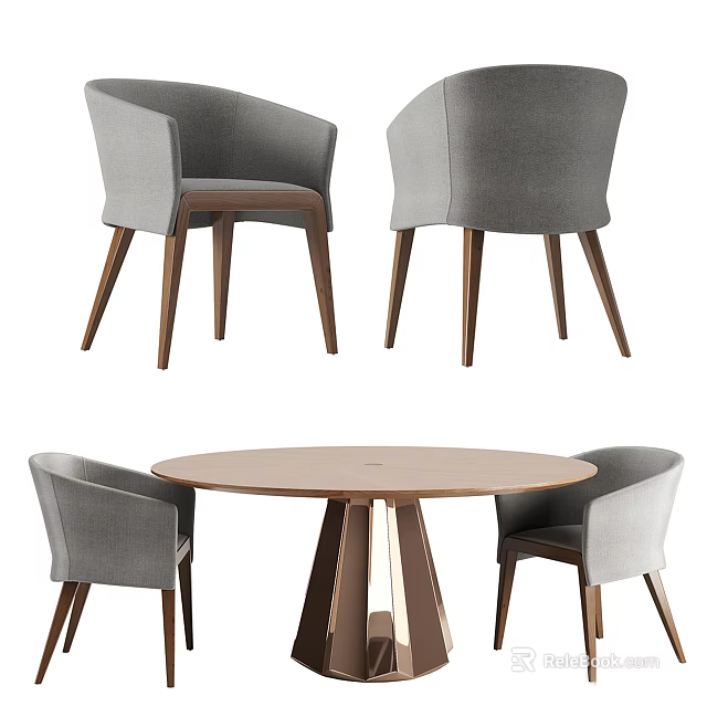 Round Wooden Dining Table Set With Four Gray Upholstered Chairs 3d model