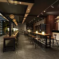 Modern Restaurant Design With Long Tables Bar Stools Wine Racks And Pendant Lights