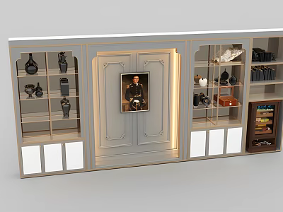 Modern Style Display Cabinet With Central Door And Open Shelves Holding Decorative Items 3d model