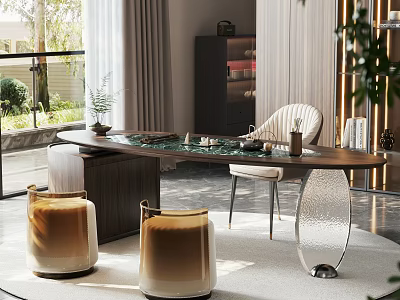 Modern Luxury Tea Table and Chairs with Marble Top Metal Legs and Green Plants 3d model
