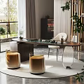 Modern Luxury Tea Table and Chairs with Marble Top Metal Legs and Green Plants