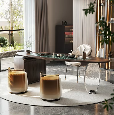 Modern Luxury Tea Table and Chairs with Marble Top Metal Legs and Green Plants 3d model