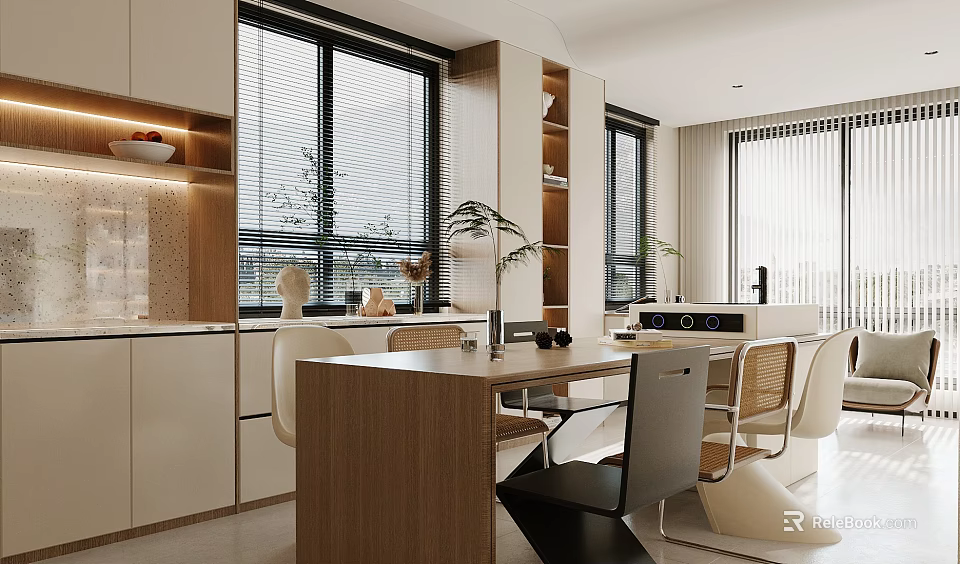 Modern Restaurant Kitchen Interior With Open Design Island Counter And Dining Table 3d model 