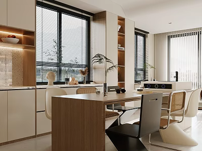 Modern Restaurant Kitchen Interior With Open Design Island Counter And Dining Table 3d model