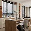 Modern Restaurant Kitchen Interior With Open Design Island Counter And Dining Table