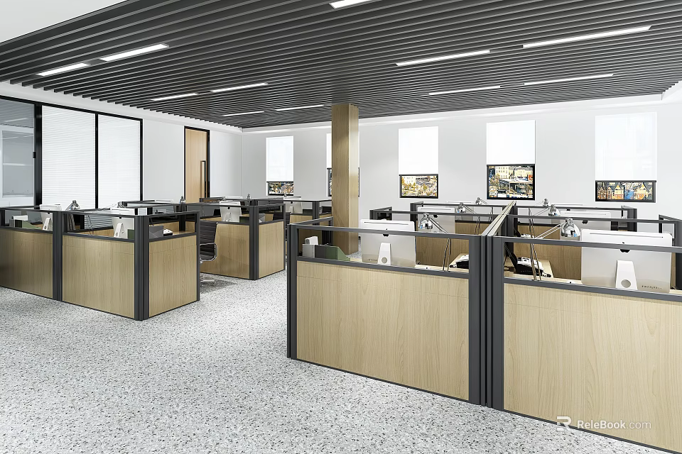 Public Office Space With Cubicles Work Desks Computer Monitors Windows And Linear Ceiling Lights 3d model