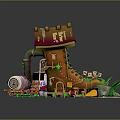 Cartoon Scene With Small House Brown Roof Barrel Drink Can Ladder And Green Grass