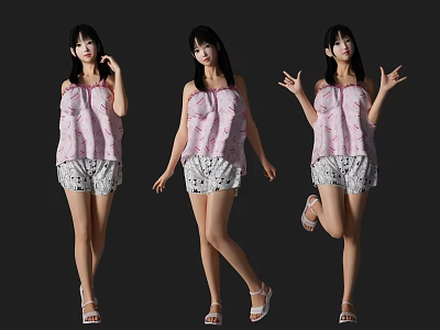 Woman Wearing Pink Camisole Patterned Shorts White Sandals In Three Different Poses Against Dark Background 3d model