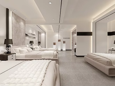 Modern Bedroom Furniture Showroom Displaying Elegant Beds Nightstands And Lighting 3d model