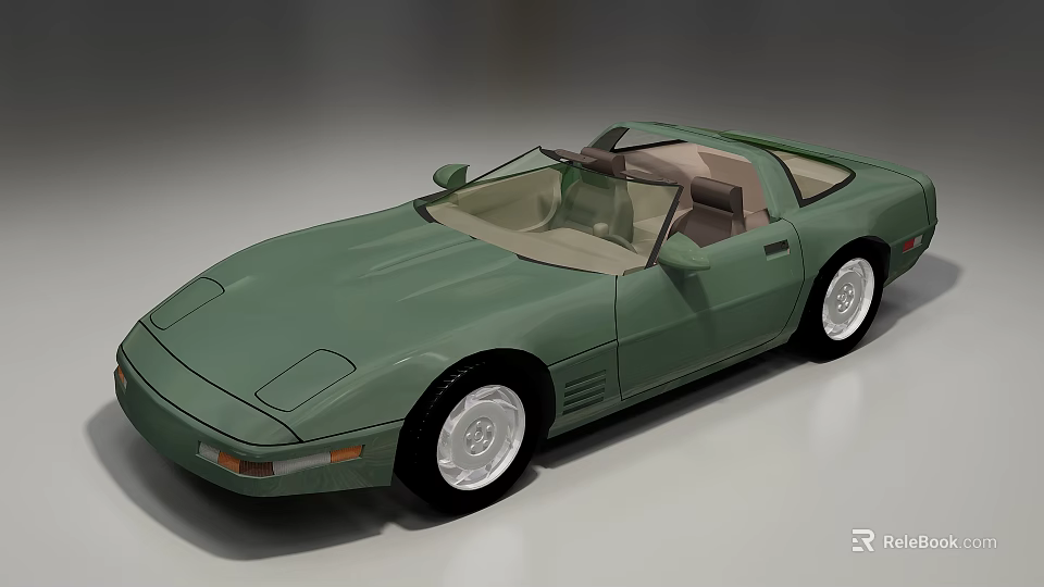 Green Vintage Convertible Sports Car With White Wheels And Light Brown Interior 3d model 