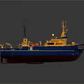 Blue and Yellow Marine Work Ship With Deck Crane and Navigation Equipment