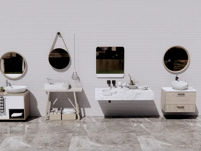 Modern Washbasin Designs Featuring Various Shaped Mirrors Marble Tops And Wooden Bases 3d model