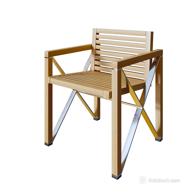Modern Wooden Armchair With Slatted Backrest And Crossed Metal Frame 3d model 