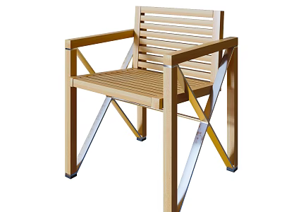 Modern Wooden Armchair With Slatted Backrest And Crossed Metal Frame 3d model