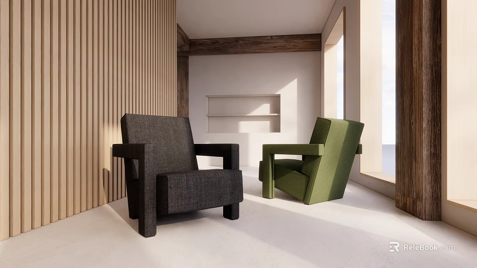 Stylish Gray and Green Armchairs in Modern Room With Wooden Wall White Shelf and Window 3d model 