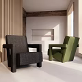 Stylish Gray and Green Armchairs in Modern Room With Wooden Wall White Shelf and Window