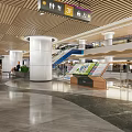 Modern Shopping Mall Interior With Blue Escalators White Columns And Glass Railings