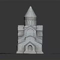 Cartoon Scene Featuring Church Model With Spire Arched Windows And Tile Roof On White Platform