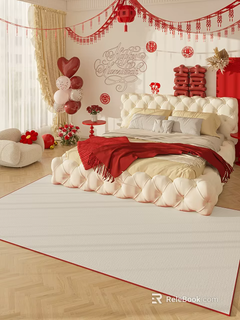Romantic Bedroom Interior With White Tufted Bed Red Throw Blanket And Balloons 3d model 