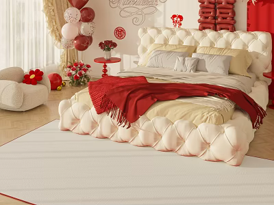 Romantic Bedroom Interior With White Tufted Bed Red Throw Blanket And Balloons 3d model