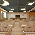 Vibrant Kindergarten Indoor Setting With Orange Walls Rainbow Decorations Bookshelves Reception Desk And Potted Plant