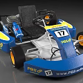 Blue And Yellow Racing Go Kart With PBS Logo Number 17 And Black Seat