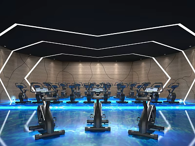 Modern Fitness Gym Interior With Spin Bikes Blue Lighting And Geometric Design 3d model