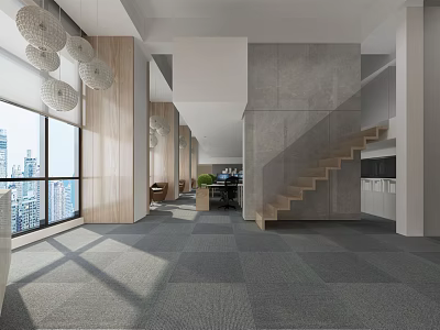Modern Public Office Space With Large Windows City View Wooden Concrete Walls Pendant Lights Staircase 3d model