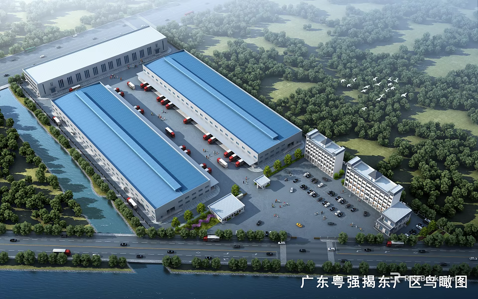 Modern Industrial Factory Buildings With Blue Roofs Parking Lot And Green Surroundings 3d model 