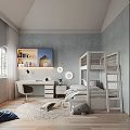 Kids Room Interior Design With Bunk Bed Desk Bookshelf Arch Windows And Wooden Floor