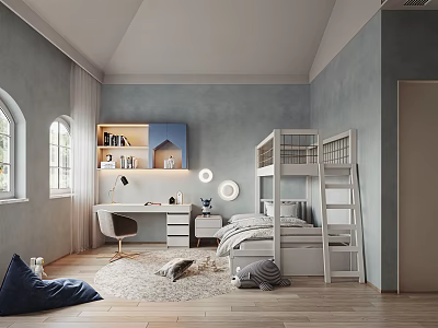 Kids Room Interior Design With Bunk Bed Desk Bookshelf Arch Windows And Wooden Floor 3d model